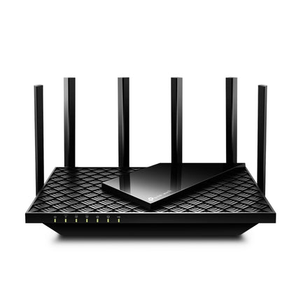 TP-Link Archer AXE75 AXE5400 Tri-Band Gigabit Wi-Fi 6E router featuring a black geometric chassis and six external high-performance antennas.