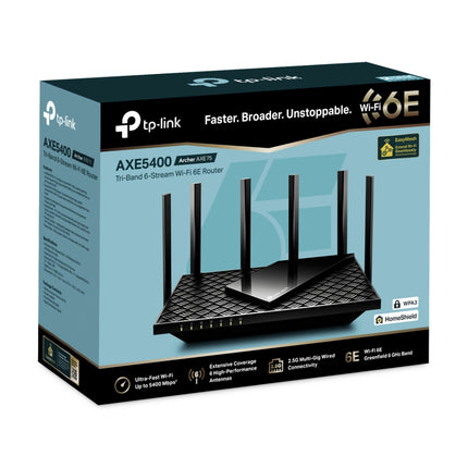 The sleek black TP-Link Archer AXE75 Wi-Fi 6E router setup on a living room shelf, providing whole-home wireless coverage.