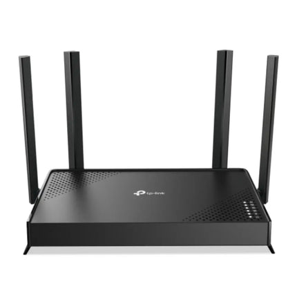 Front view of the black TP-Link Archer BE220 BE3600 dual-band Wi-Fi 7 router showing its modern chassis design and high-performance external antennas.