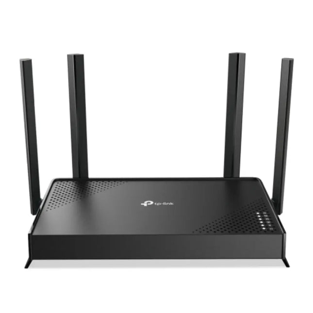 Front view of the black TP-Link Archer BE220 BE3600 dual-band Wi-Fi 7 router showing its modern chassis design and high-performance external antennas.