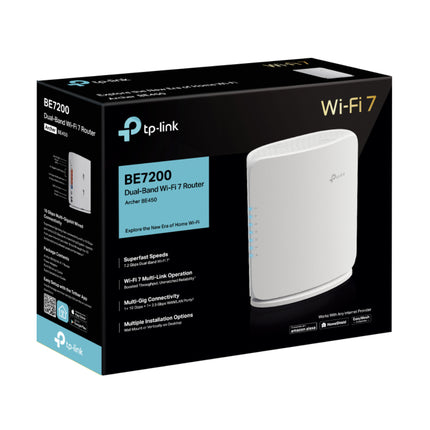 Front view of the official retail packaging for the TP-Link Archer BE450 BE7200 Wi-Fi 7 router, Australian edition.