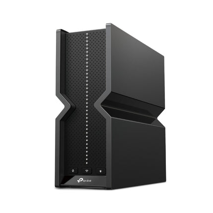 TP-Link Archer BE550 Pro BE9700 Tri-Band Wi-Fi 7 router showing its premium upright V-shaped chassis in textured matte black.