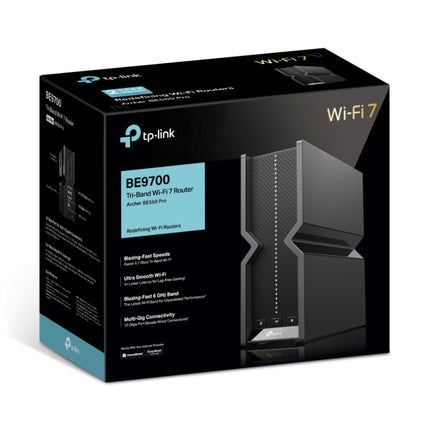 Modern living room setup featuring the compact Archer BE550 Pro Wi-Fi 7 router, utilizing EasyMesh for seamless home coverage.