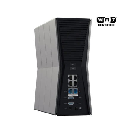 Rear view of the TP-Link Archer BE805 router highlighting the dual 10 Gbps ports, four Gigabit LAN ports, power button, and twin USB 3.0 ports.