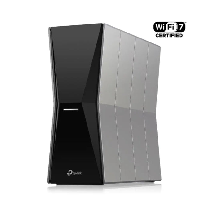 Front angle view of the black TP-Link Archer BE805 BE19000 tri-band Wi-Fi 7 router showing its modern, vertical monolithic chassis with internal antennas.