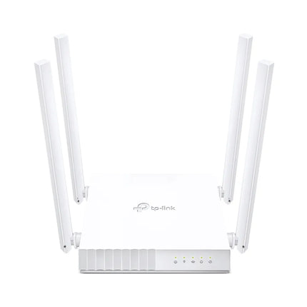Front view of the compact white TP-Link Archer C24 AC750 dual-band Wi-Fi router, featuring four high-gain omni-directional antennas for stable home internet coverage.