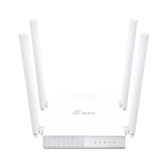 Front view of the compact white TP-Link Archer C24 AC750 dual-band Wi-Fi router, featuring four high-gain omni-directional antennas for stable home internet coverage.