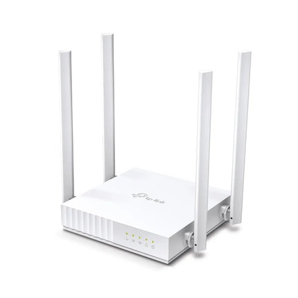 Rear view of the Archer C24 router highlighting the 4× 10/100 Mbps LAN ports, 1× WAN port, and the integrated WPS/Reset button for easy device setup.