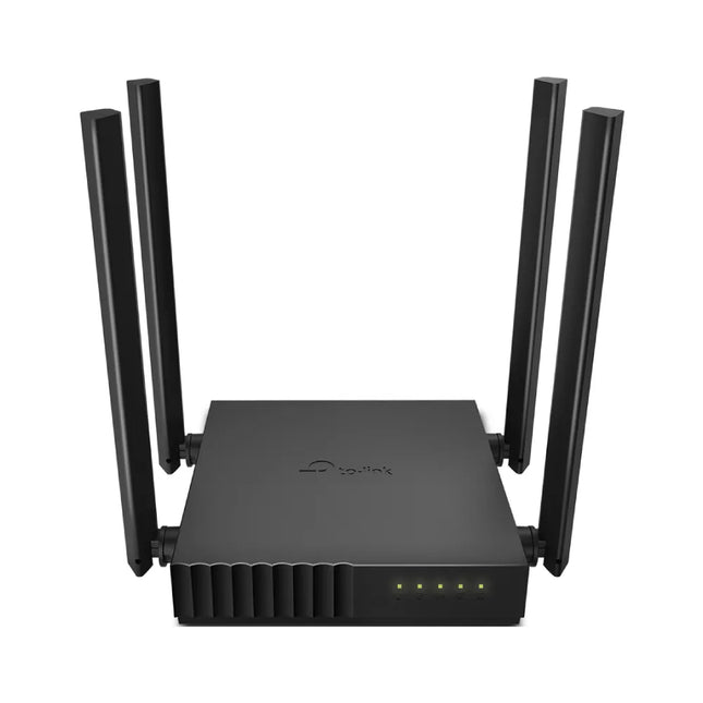 Front view of the compact TP-Link Archer C54 AC1200 dual-band Wi-Fi router in black, featuring four high-gain external antennas for broad signal coverage.