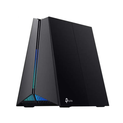 Front view of the TP-Link Archer GXE75 tri-band Wi-Fi 6E gaming router featuring a sleek black futuristic design with customizable RGB lighting.