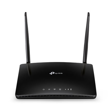 Front view of the glossy black TP-Link Archer MR200 AC750 dual-band 4G LTE router showing its two upright external cellular antennas and white LED status icons.