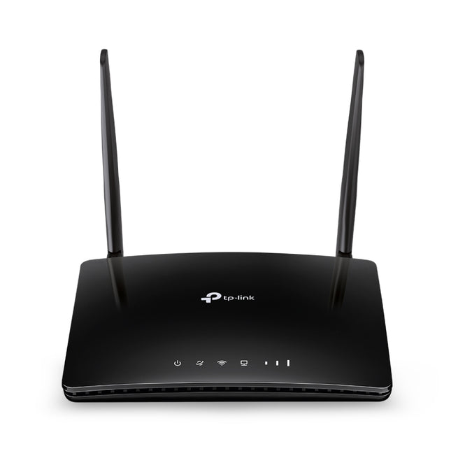 Front view of the glossy black TP-Link Archer MR200 AC750 dual-band 4G LTE router showing its two upright external cellular antennas and white LED status icons.