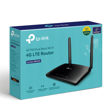 The official teal and blue retail box packaging for the TP-Link Archer MR200 AC750 Dual Band Wi-Fi 4G LTE Router.