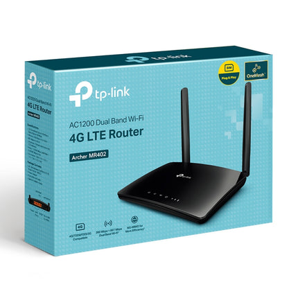 Front view of the official retail packaging for the TP-Link Archer MR402 AC1200 4G LTE router, Australian stock.