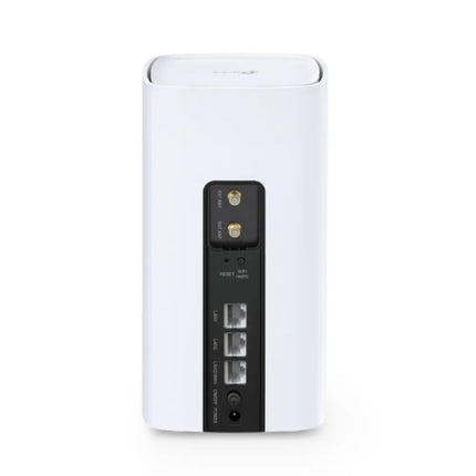 Front view of the TP-Link Archer NX200, a white tower-style 5G AX1800 Wi-Fi 6 router with LED status indicators.