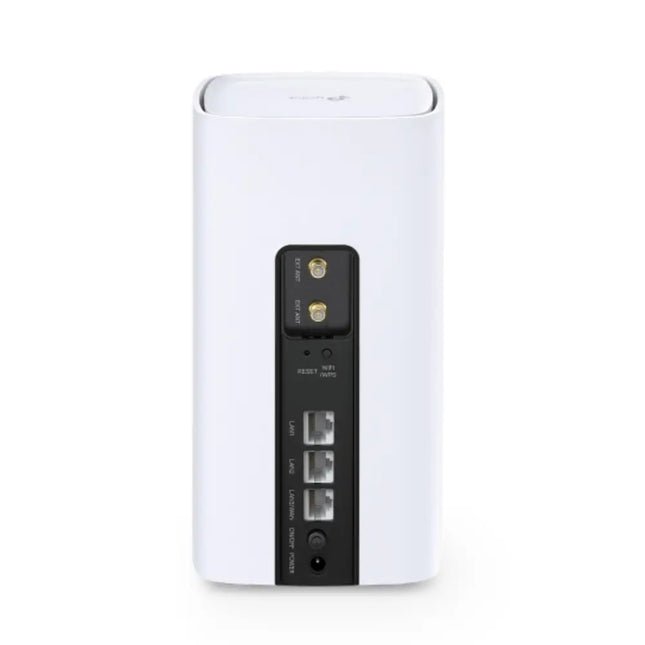 Front view of the TP-Link Archer NX200, a white tower-style 5G AX1800 Wi-Fi 6 router with LED status indicators.
