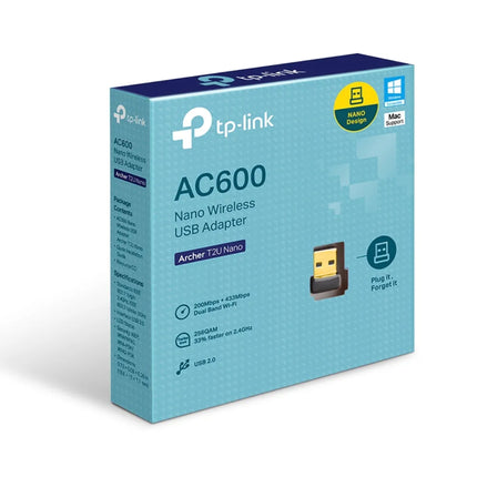 Front view of the TP-Link Archer T2U Nano wireless adapter, highlighting its dual-band capabilities with speeds up to 433Mbps on 5GHz and 200Mbps on 2.4GHz.