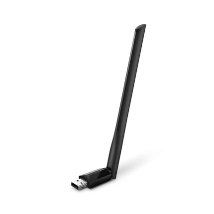 A TP-Link Archer T2U Plus USB Wi-Fi adapter featuring a compact black body and a long, high-gain 5dBi external antenna for improved wireless reception.
