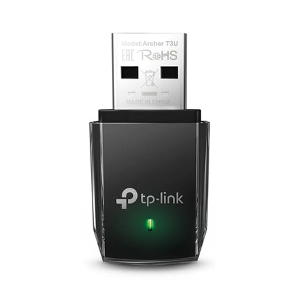 A close-up of the TP-Link Archer T3U AC1300 mini USB Wi-Fi adapter, highlighting its sleek, compact black design for portability and space-saving use.