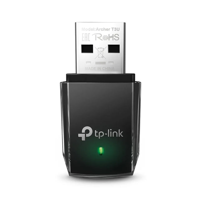 A close-up of the TP-Link Archer T3U AC1300 mini USB Wi-Fi adapter, highlighting its sleek, compact black design for portability and space-saving use.