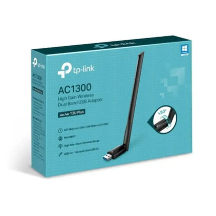 TP-Link Archer T3U Plus AC1300 high gain wireless dual band USB adapter with a long high-gain external antenna.