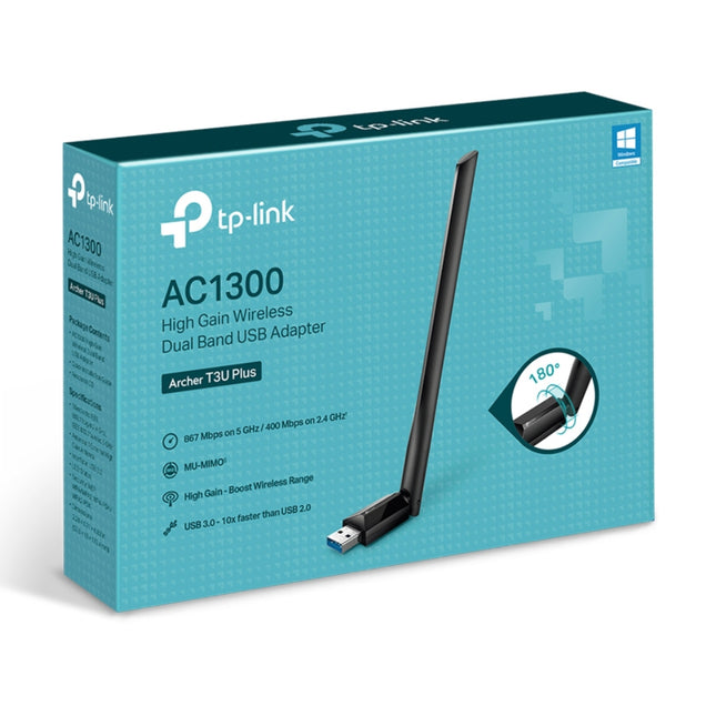 TP-Link Archer T3U Plus AC1300 dual band USB Wi-Fi adapter in original retail packaging.