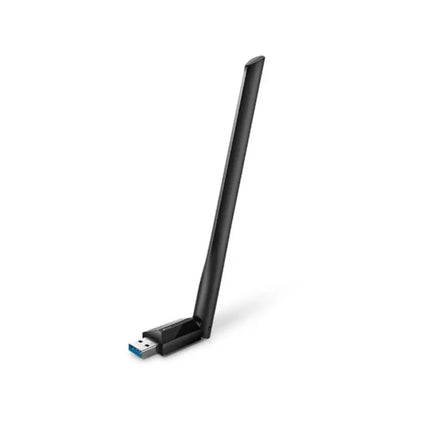 Close-up view of the TP-Link Archer T3U Plus high speed USB 3.0 connector and the multi-directional rotating antenna hinge.