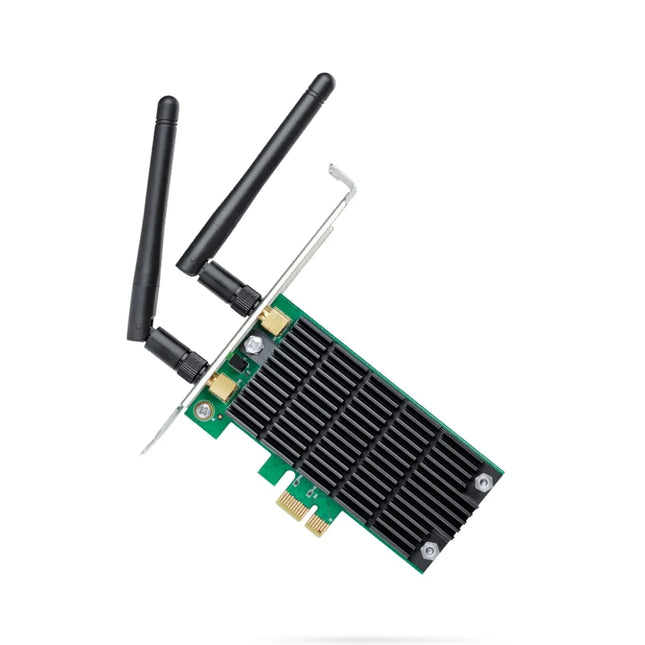 A TP-Link Archer T4E AC1200 Wireless Dual Band PCI Express adapter featuring a green PCB, a large aluminum heat sink for cooling, and two external detachable antennas.