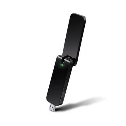 TP-Link Archer T4U AC1300 high gain wireless dual band USB Wi-Fi adapter with its external antennas unfolded.