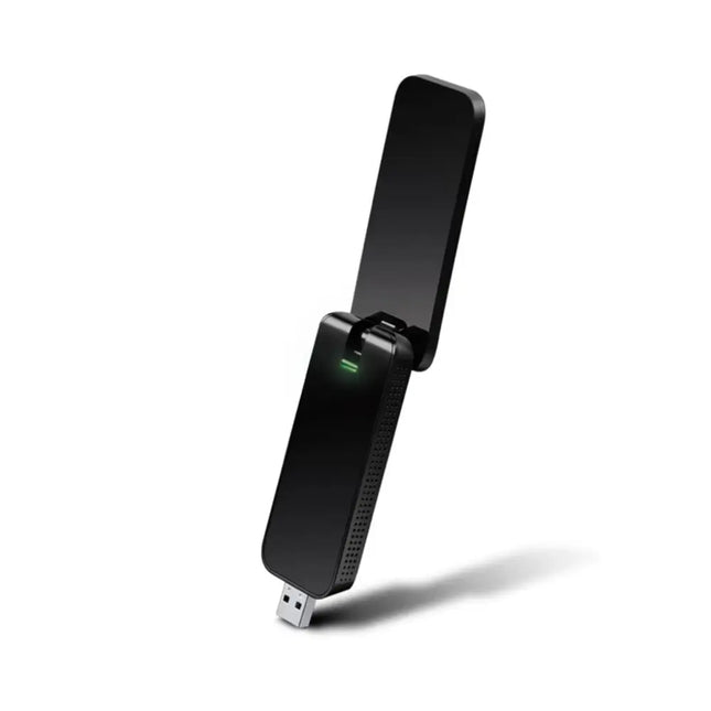 TP-Link Archer T4U AC1300 high gain wireless dual band USB Wi-Fi adapter with its external antennas unfolded.