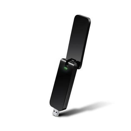 TP-Link Archer T4U AC1300 USB Wi-Fi adapter with external high-gain antenna flipped open for boosted signal.
