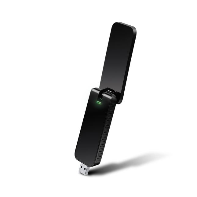 TP-Link Archer T4U AC1300 USB Wi-Fi adapter with external high-gain antenna flipped open for boosted signal.
