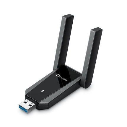 Front view of the black TP-Link Archer T5U Plus AC1300 high-gain wireless USB adapter featuring its prominent dual external antennas.