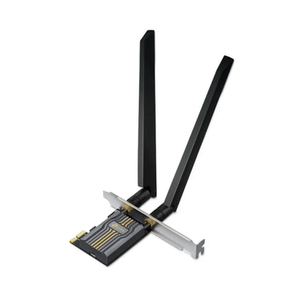 TP-Link Archer TBE400E PCIe adapter network card with attached low-profile bracket, showcasing its sleek circuit board design and gold-plated antenna connectors.