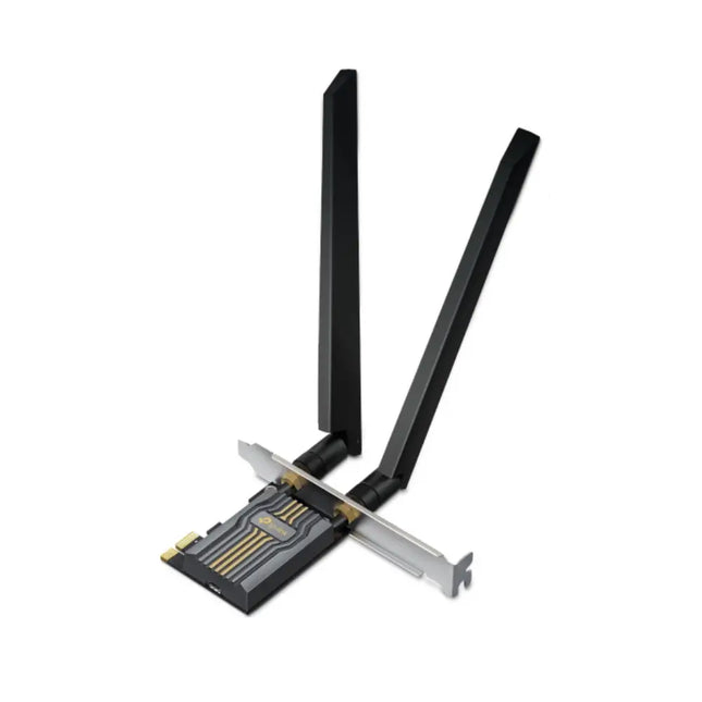 TP-Link Archer TBE400E PCIe adapter network card with attached low-profile bracket, showcasing its sleek circuit board design and gold-plated antenna connectors.