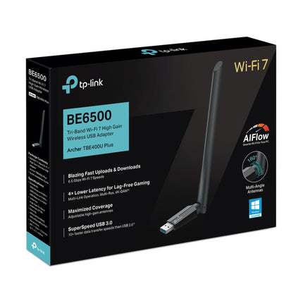 Front view of the official retail box packaging for the TP-Link Archer TBE400U Plus BE6500 Tri-Band wireless USB internet adapter.