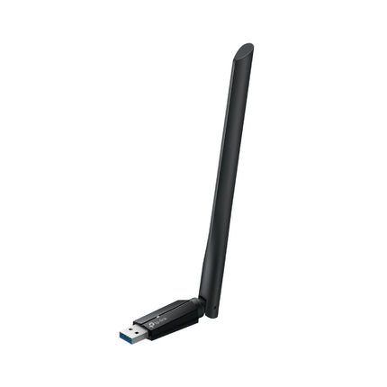 TP-Link Archer TBE400U Plus BE6500 tri-band Wi-Fi 7 high-gain wireless USB adapter shown against a clean white studio background.