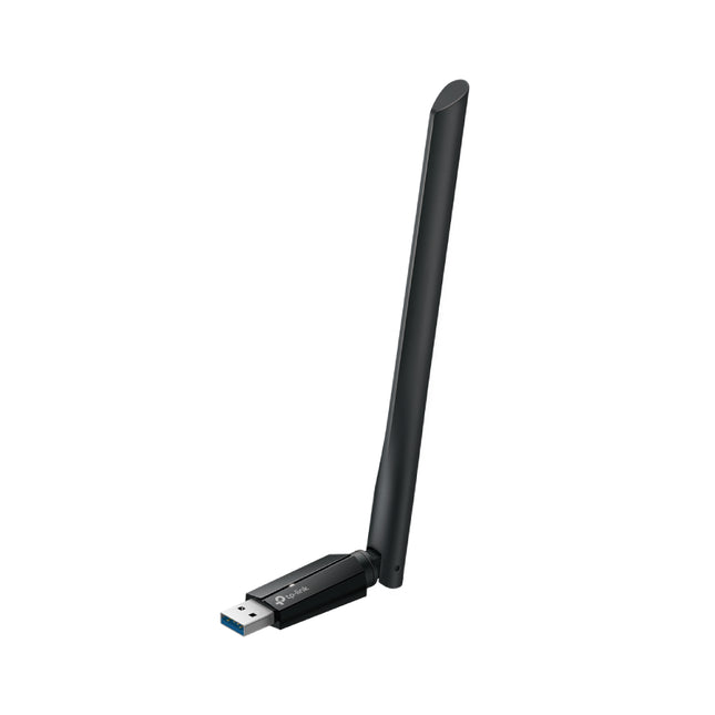 TP-Link Archer TBE400U Plus BE6500 tri-band Wi-Fi 7 high-gain wireless USB adapter shown against a clean white studio background.