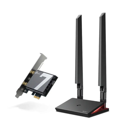 TP-Link Archer TBE550E Wi-Fi 7 PCIe card alongside its external magnetized antenna base with two multi-directional antennas.