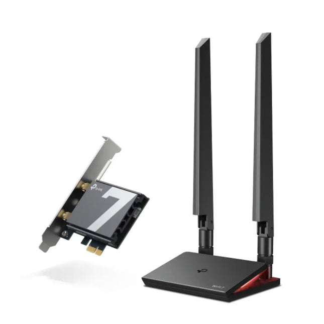 TP-Link Archer TBE550E Wi-Fi 7 PCIe card alongside its external magnetized antenna base with two multi-directional antennas.