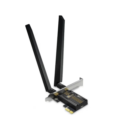 TP-Link Archer TBE552E Wi-Fi 7 PCIe adapter card next to its magnetized external antenna base with two multi-directional antennas.