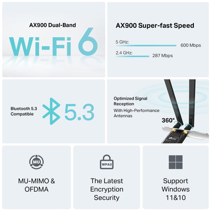 TP-Link Archer TX10E network card highlighting the Wi-Fi 6 and Bluetooth dual-connectivity features.