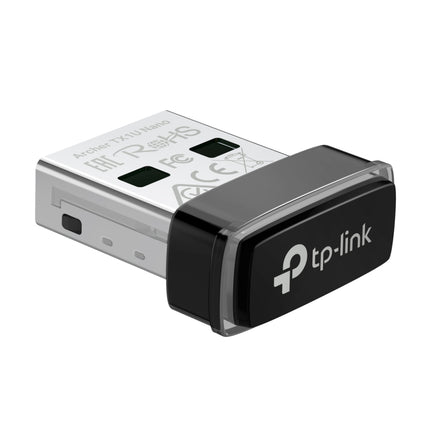 Finger-sized scale shot demonstrating the ultra-small footprint of the Archer TX1U Nano wireless network dongle.