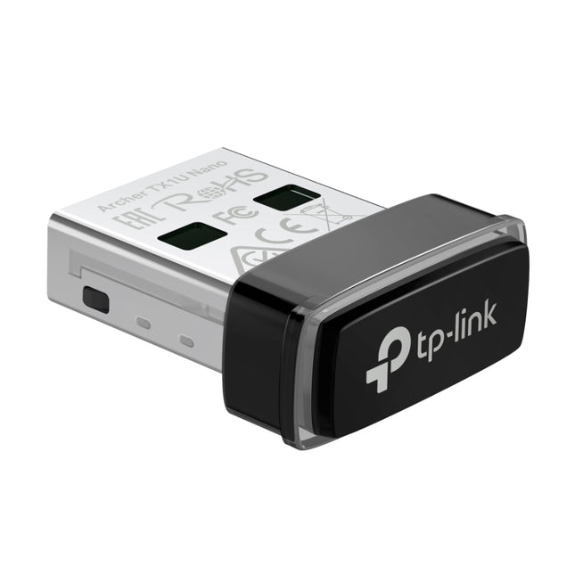 Finger-sized scale shot demonstrating the ultra-small footprint of the Archer TX1U Nano wireless network dongle.