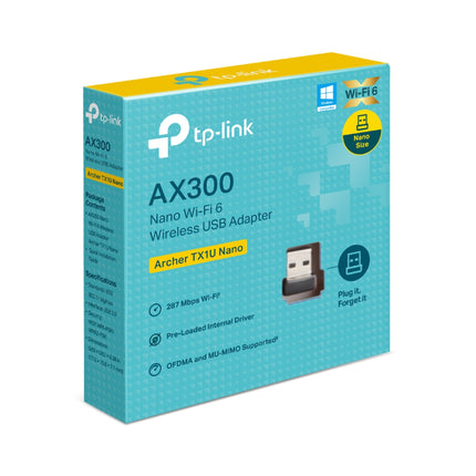 Front view of the official retail packaging for the TP-Link Archer TX1U Nano AX300 Wi-Fi 6 USB network adapter, Australian edition.
