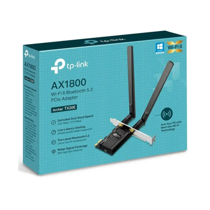 TP-Link Archer TX20E AX1800 Wi-Fi 6 and Bluetooth 5.2 PCIe network adapter card with two high-gain external antennas.