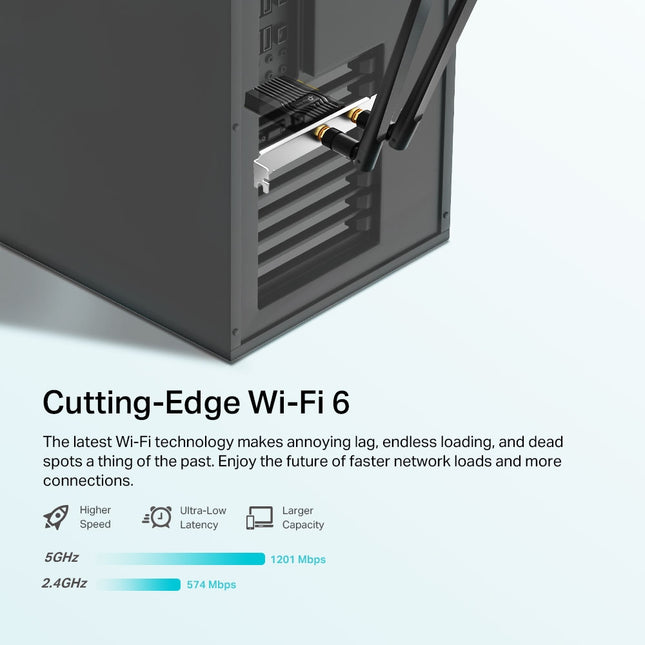 Close-up view of PCIe x1 connector interface and dual 360-degree adjustable high-gain antennas on TP-Link Archer TX20E.