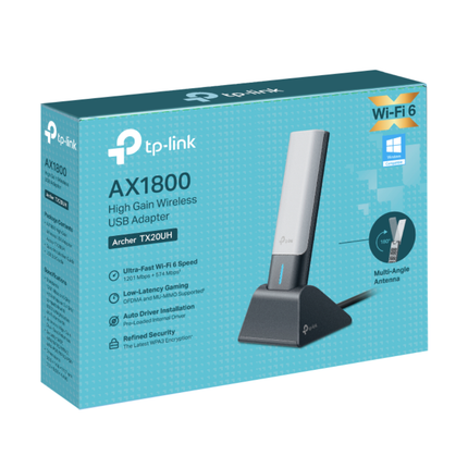 Side view of the TP-Link Archer TX20UH wireless adapter showcasing the multi-directional, adjustable high-gain antenna system.