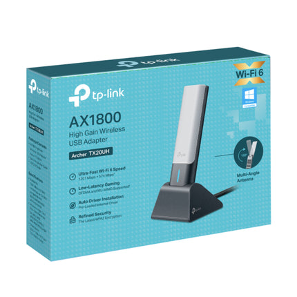 TP-Link Archer TX20UH AX1800 USB Wi-Fi 6 adapter connected to PC via extension cable for high-speed gaming.