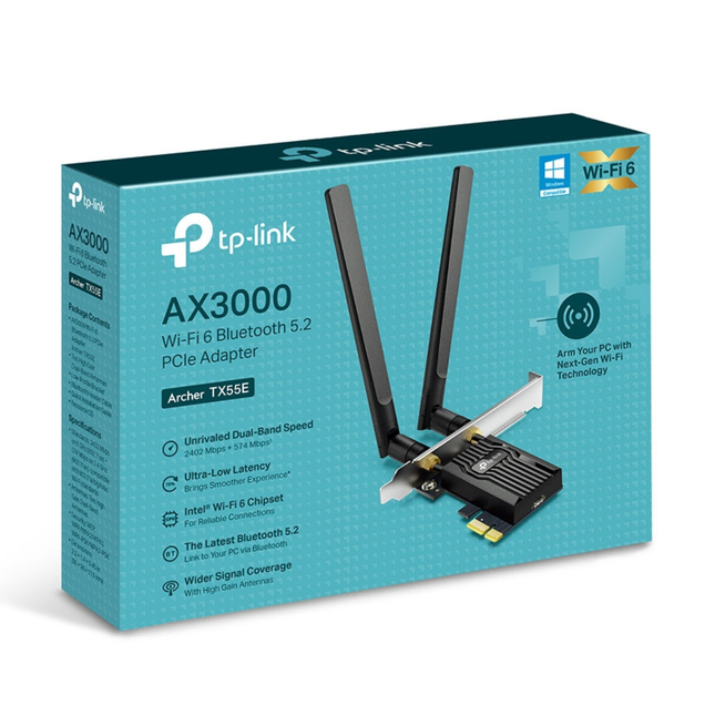 Full box contents of the TP-Link Archer TX55E adapter, including standard and low-profile brackets.